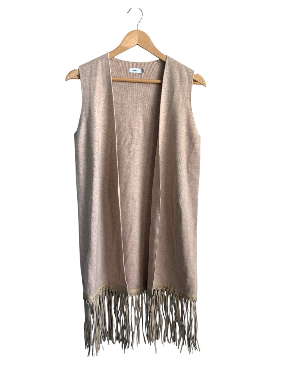 Vince Women's Wool Cashmere Leather Fringe Long Vest Cardigan Beige XS